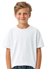 Adorable Smiling Young Boy in White T-shirt on White Background Posing Cheerfully for Studio Portraits and Lifestyle Stock Photography