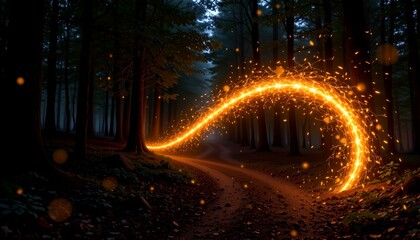 a firefly trail curving through a dark forest path, glowing in an s shape starting bottom left to top right, leaving negative space in center left for text overlay, dreamy fantasy mood