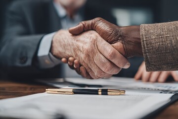 Professional Business Agreement: Close-Up of Diverse Business People Shaking Hands Over a Signed Contract for Successful Partnership