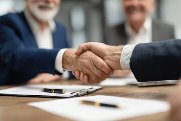 Business Professionals Handshake at Meeting Table Symbolizing Successful Partnership and Trustworthy Collaboration in Corporate Environment