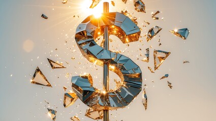 A diamond-shaped dollar sign explodes mid-air into glittering fragments, suspended in golden sunlight. Slow-motion chaos symbolizes market volatility. 4K, cinematic, symbolic realism