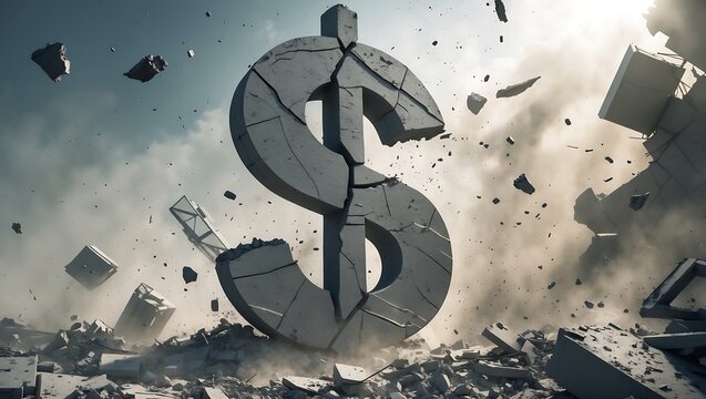 A giant cracked stone dollar symbol lies split in half amid swirling debris and rubble. Dramatic shadows and muted tones evoke a catastrophic economic collapse. Cinematic, high detail, 8K