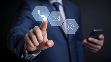 Contact us options businessman touching virtual icons for phone email and online support services