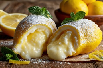 Delicious Lemon Cream Dessert with Powdered Sugar and Fresh Mint on Rustic Wooden Table