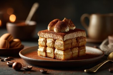 Exquisite Tiramisu Dessert on Rustic Plate with Cocoa and Coffee Beans in Cozy Cafe Setting