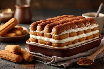 Delicious Homemade Tiramisu Dessert with Creamy Layers and Cocoa Powder in Rustic Setting for Gourmet Lovers