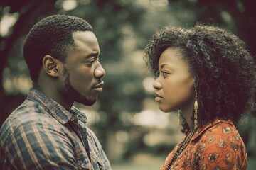 Thoughtful couple engaging in a meaningful conversation outdoors amidst a scenic, nature-infused backdrop, capturing the intensity and genuine connection of their dialogue.