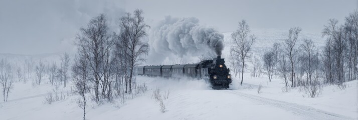 Vintage Steam Train Journeying Through Snow-Covered Landscape with Bare Trees in Winter Wonderland Setting