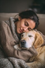 Serene Moment of Woman Relaxing with Golden Retriever on Cozy Couch, Embracing Dog in Warm Sweater and Blanket