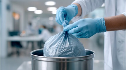 Gloved hands cinching a trash bag in an office bin—clean, efficient disposal.
