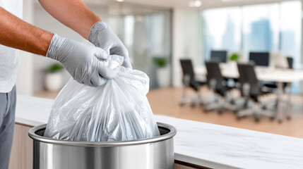 Janitor changing trash bag in stainless bin, modern office background.