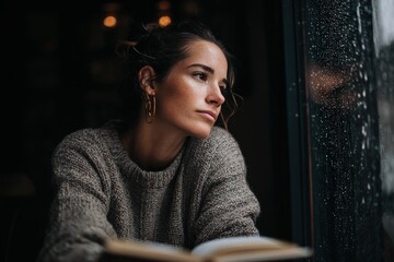 Contemplative Woman Gazing Out Window on Rainy Day Reflecting Deep Thoughts in Cozy Sweater Indoors