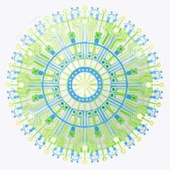 radial spokes of pcb traces in steel blue and brass interwoven with neon lime and copper accents