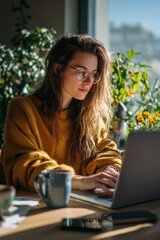 Young Woman in Cozy Sweater Working on Laptop with Sunlight Streaming Through Window in Urban Home Office Setting