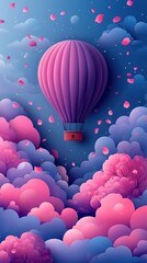 Hot Air Balloon in Sky with Pink-Purple Gradient Clouds, Minimalist Cartoon Vector Illustration, Scattered Petals on Tranquil Blue Background