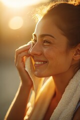 Radiant Woman Enjoying Sunset with Warm Towel, Capturing the Essence of Relaxation and Natural Beauty