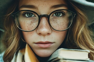 Close-Up Portrait of Freckled Woman Wearing Glasses with Books, Natural Light, Thoughtful Expression, and Cozy Atmosphere