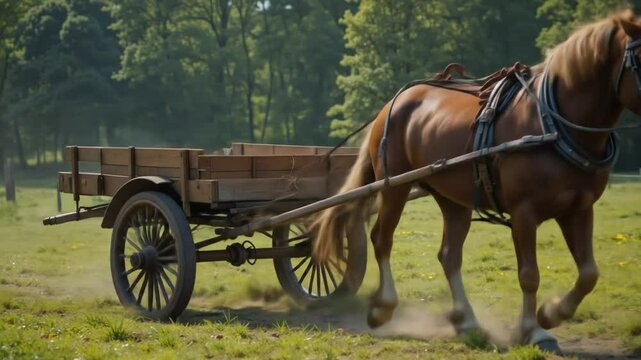 Brown horse pulling a wooden cart across a lush green meadow in the countryside