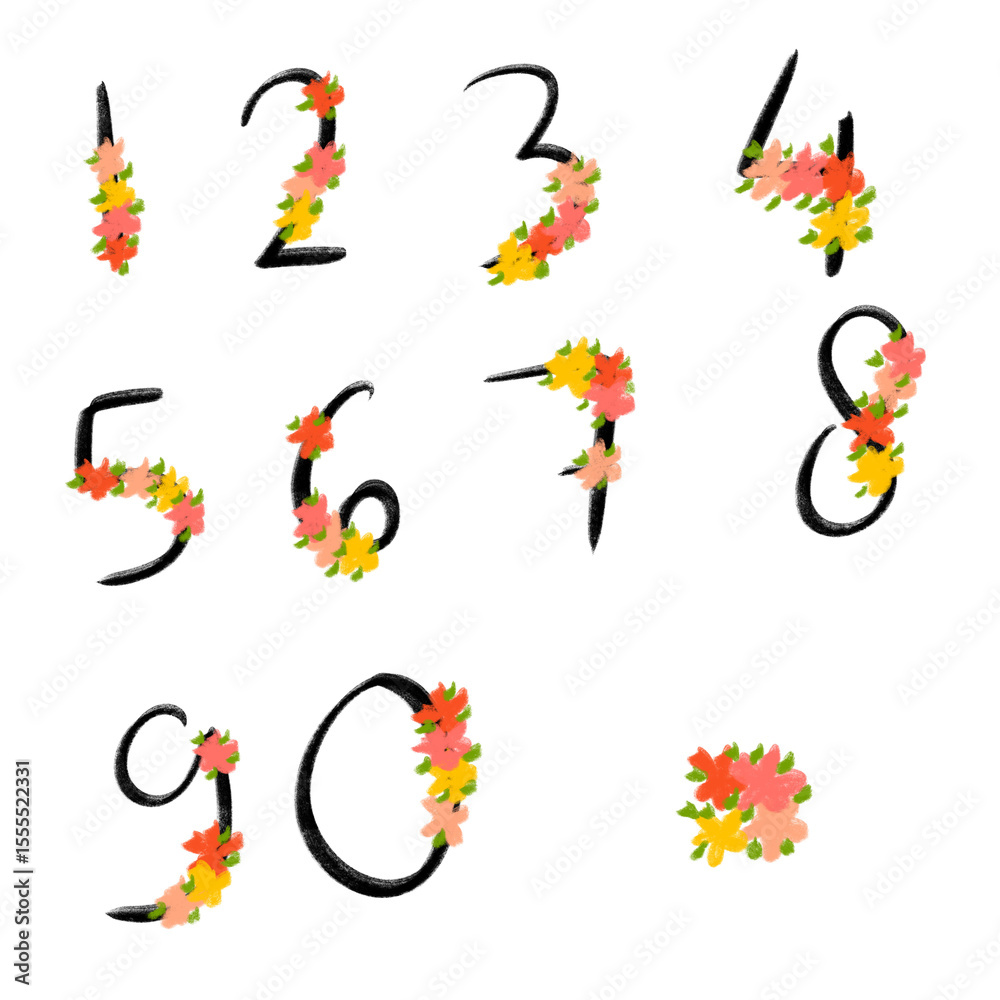 Fototapete Numerals or Numbers with Bunch of Flowers. Set of colorful floral numeric elements