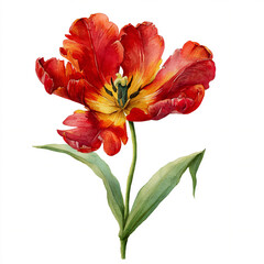 A solitary watercolor vibrant Hungarian tulip with red blooms