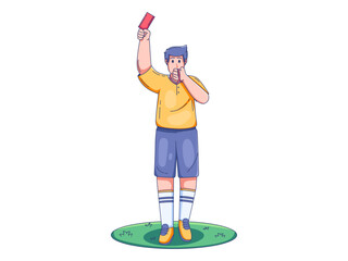 Illustration of a football referee on the field holding up a red card to indicate a serious foul or player ejection. 
The referee stands with authority, symbolizing rule enforcement and discipline