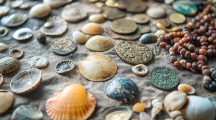 Obraz premium Assorted seashells, ancient coins, and beads on fabric.