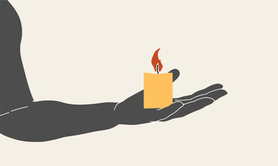 Hand holding candle. Symbol of prayer and church concept in simple style. Memorial and hope symbol.