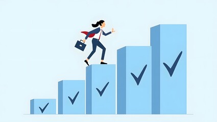 Fototapeta premium Goals achievement, business success and checklist with businesswoman climbing up the check marks in form of stairs on abstract light background