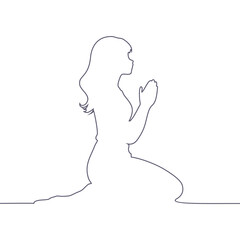 Peaceful woman silhouette praying. Believer with prayer hands show faith and religion. Superstition and high power. Religious art. Minimalist thin line style design