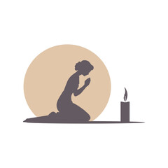 Peaceful woman silhouette praying. Believer with prayer hands show faith and religion. Superstition and high power. Religious art. Minimalist design