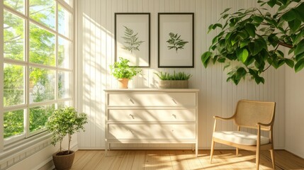 A sunlit room with plants, a chest of drawers, and a wicker chair.