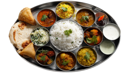 An authentic South Indian thali served on a steel plate with banana leaf base isolated on transparent background