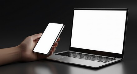 Close-up hand holding a smartphone with white screen is blank  and laptop with white screen. It can use for Mockup.
