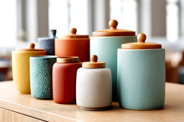 A collection of colorful ceramic storage jars with wooden lids arranged on a wooden surface in a bright, softly lit room.