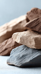 A close-up of layered natural stones in various earthy tones stacked on a smooth surface with a soft blue background.