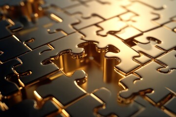 3D render of golden puzzle pieces locking together, concept of profitable partnership