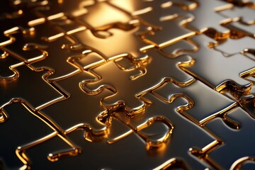 3D render of golden puzzle pieces locking together, concept of profitable partnership