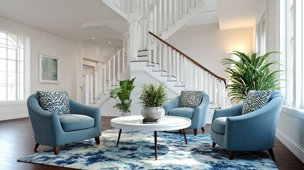 Elegant living room with blue armchairs, white stairs and plant decorations creating bright
