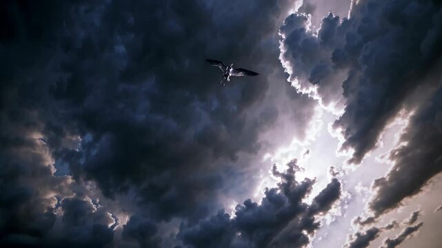 Seabird soaring against stormy sky, piercing light breaking through dark clouds, highlighting powerful silhouette and dramatic natural landscape