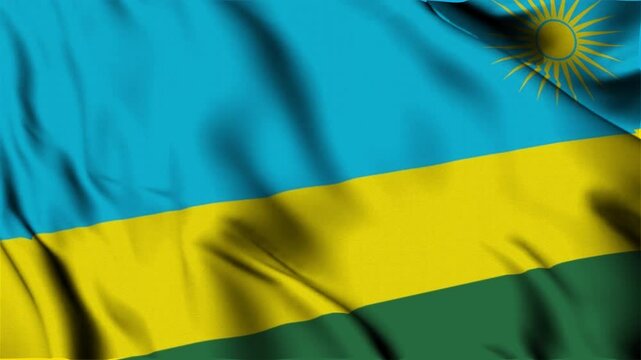 3D animation of the national flag of Rwanda waving in slow motion. Close-up view with realistic fabric texture in 4K resolution. Ideal for Independence Day, patriotic videos, and national celebrations