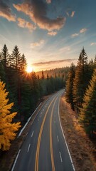 Obraz premium Overhead shot of a countryside road sunset time