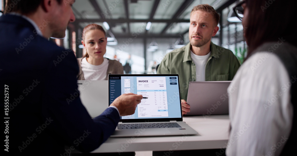 Poster multiracial group collaborating on electronic invoice