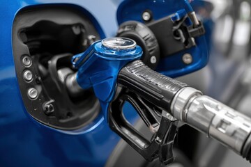 Fototapeta premium A fuel nozzle is inserted into the open gas tank of a blue car