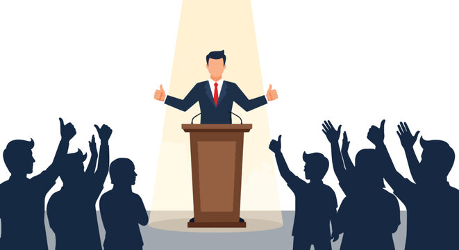 A man giving a speech at a podium, cheered by an audience.