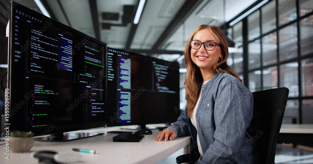 Poster Smiling Female Developer Coding On Numerous Monitors