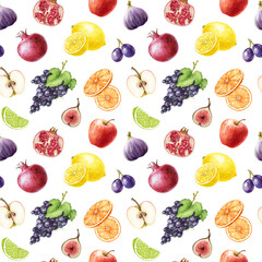 Fresh fruit decor element seamless pattern. Bright juicy different fruits watercolor illustration on white background. Hand drawn apple, orange, lime, lemon, grapes, fig seamless pattern design