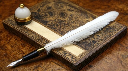 Antique quill pen on ornate journal.