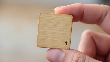 Holding Wooden Tile with Number One in Close Up