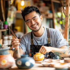 Smiling Asian Man Painting Pottery in Workshop