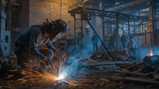 Professional Welder at Work: Intense Sparks and Skilled Craftsmanship in Industrial Setting